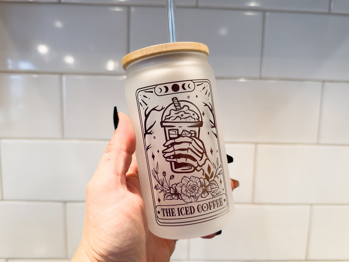 The Iced Coffee | Tarot Card Collection | 12 oz Can Glass with Bamboo Lid | Frosted Glass Drinkware