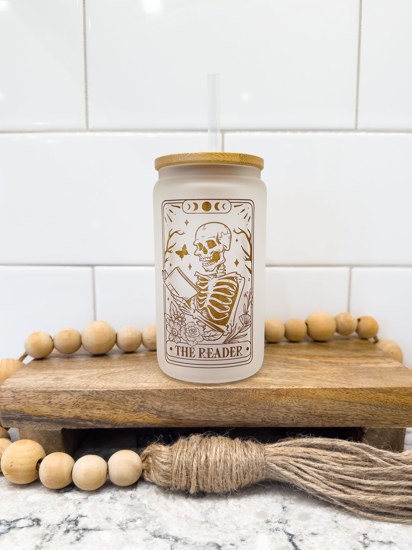 The Reader | Tarot Card Collection | 12 oz Can Glass with Bamboo Lid | Frosted Glass Drinkware