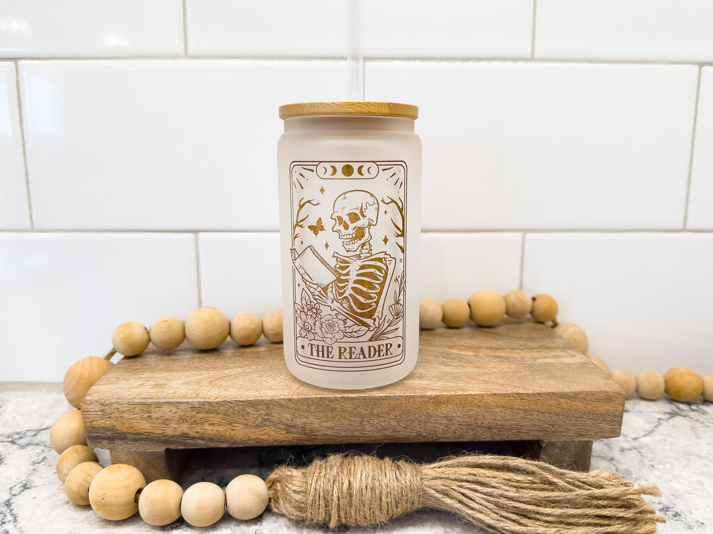 The Reader | Tarot Card Collection | 12 oz Can Glass with Bamboo Lid | Frosted Glass Drinkware