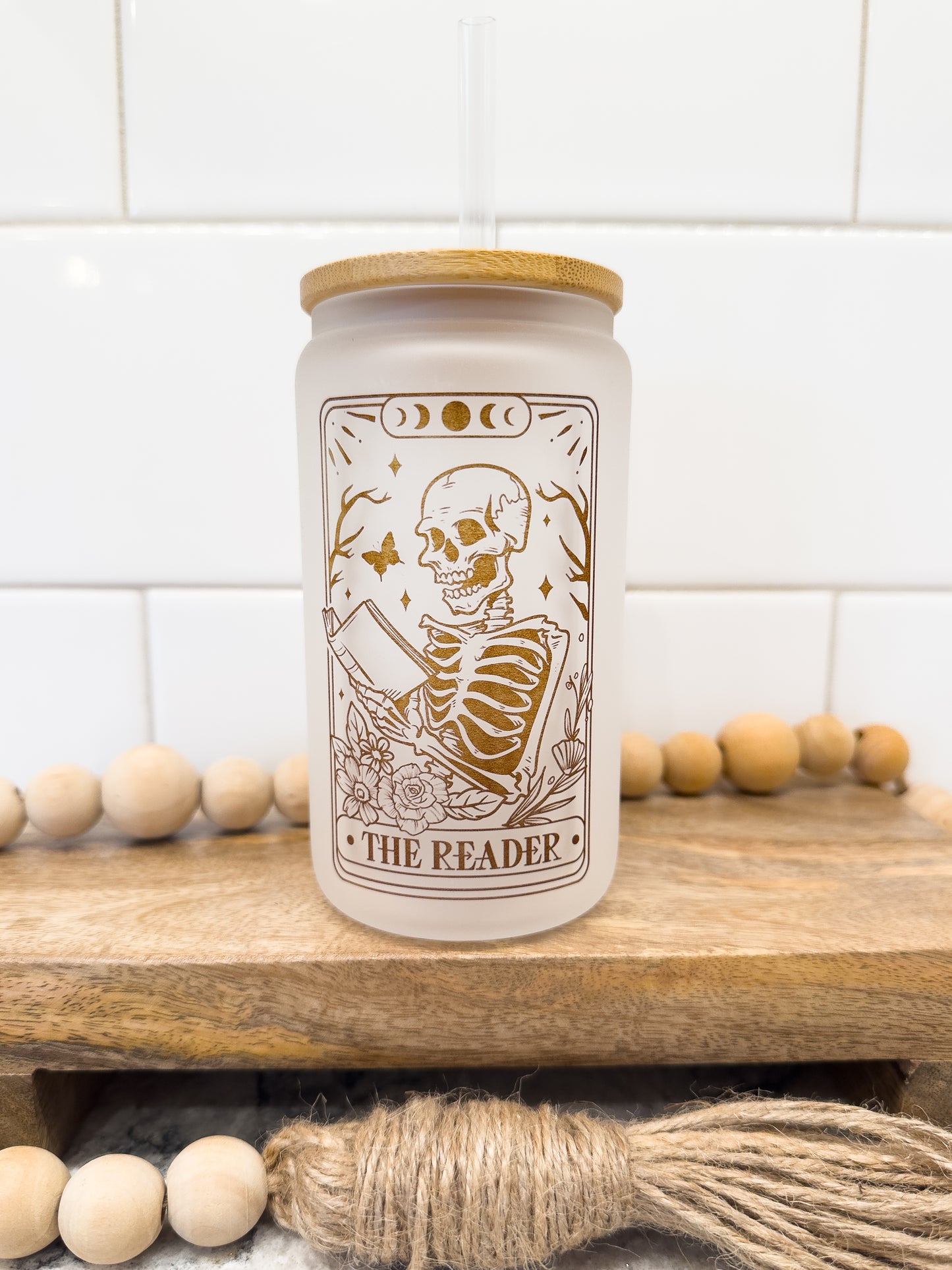 The Reader | Tarot Card Collection | 12 oz Can Glass with Bamboo Lid | Frosted Glass Drinkware