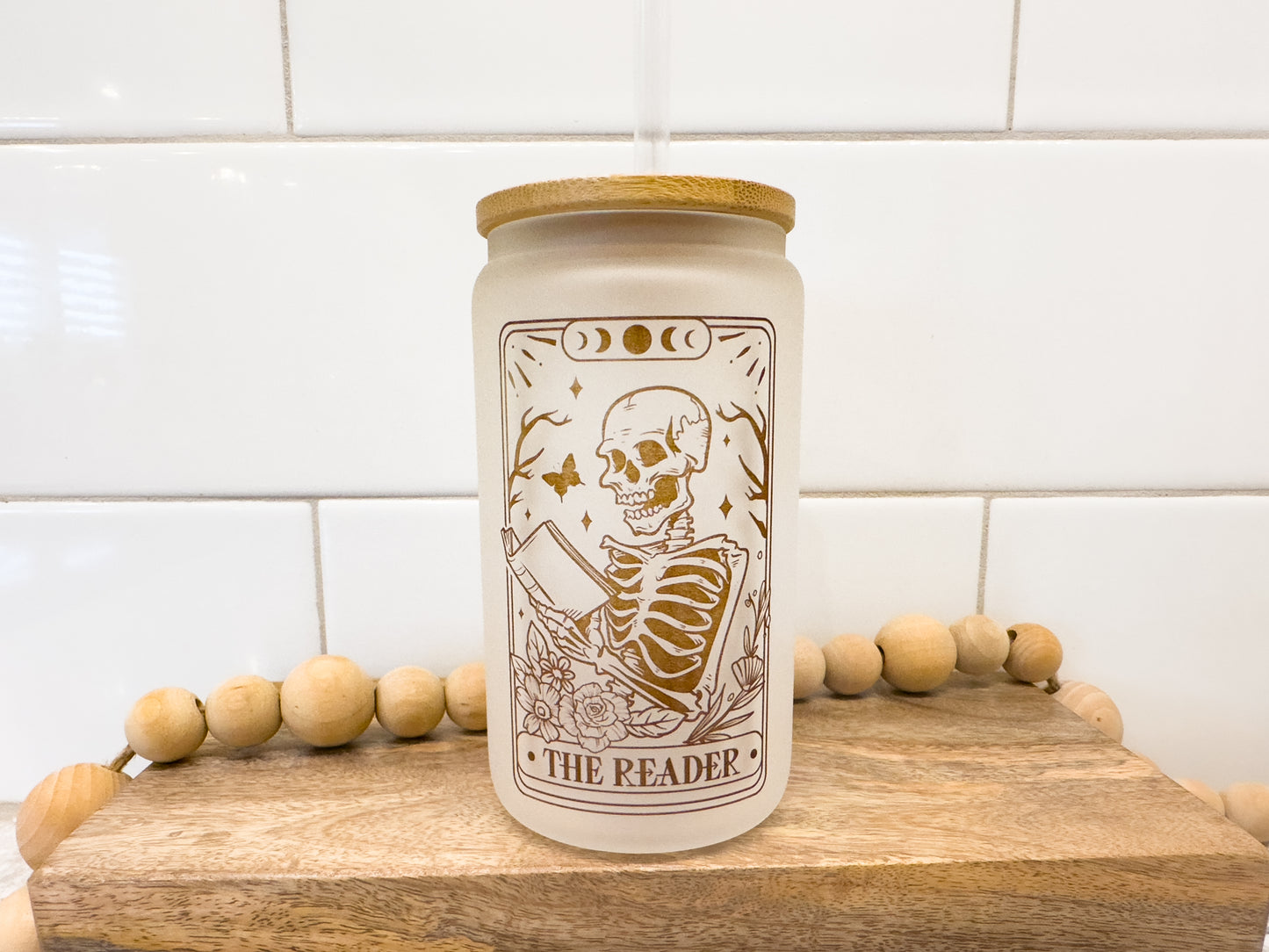 The Reader | Tarot Card Collection | 12 oz Can Glass with Bamboo Lid | Frosted Glass Drinkware