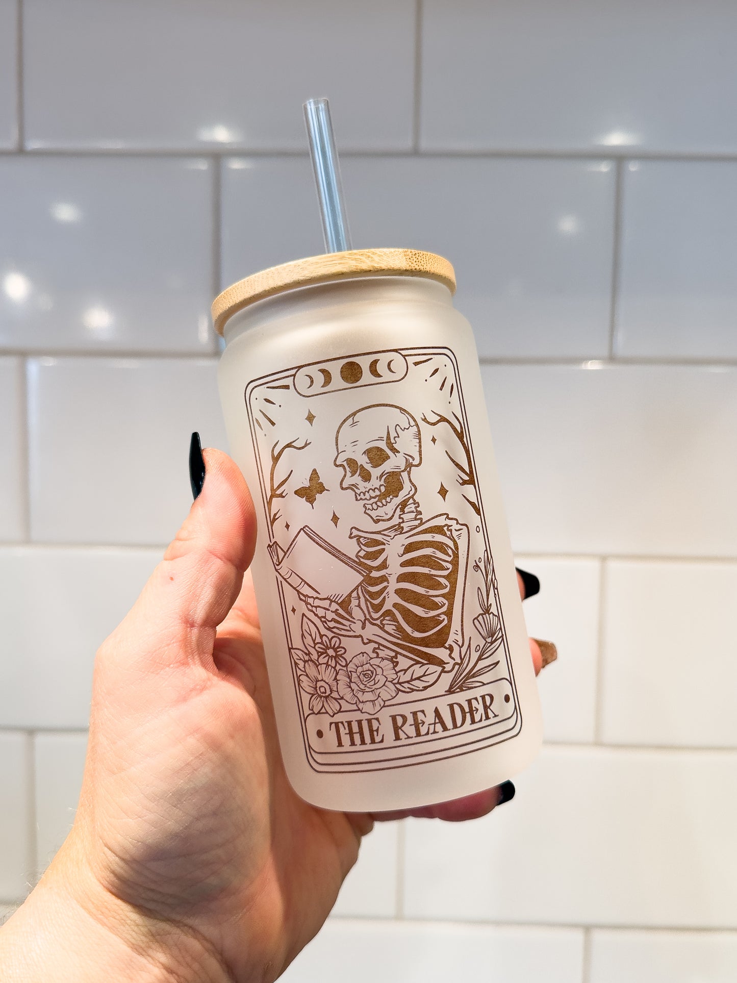 The Reader | Tarot Card Collection | 12 oz Can Glass with Bamboo Lid | Frosted Glass Drinkware