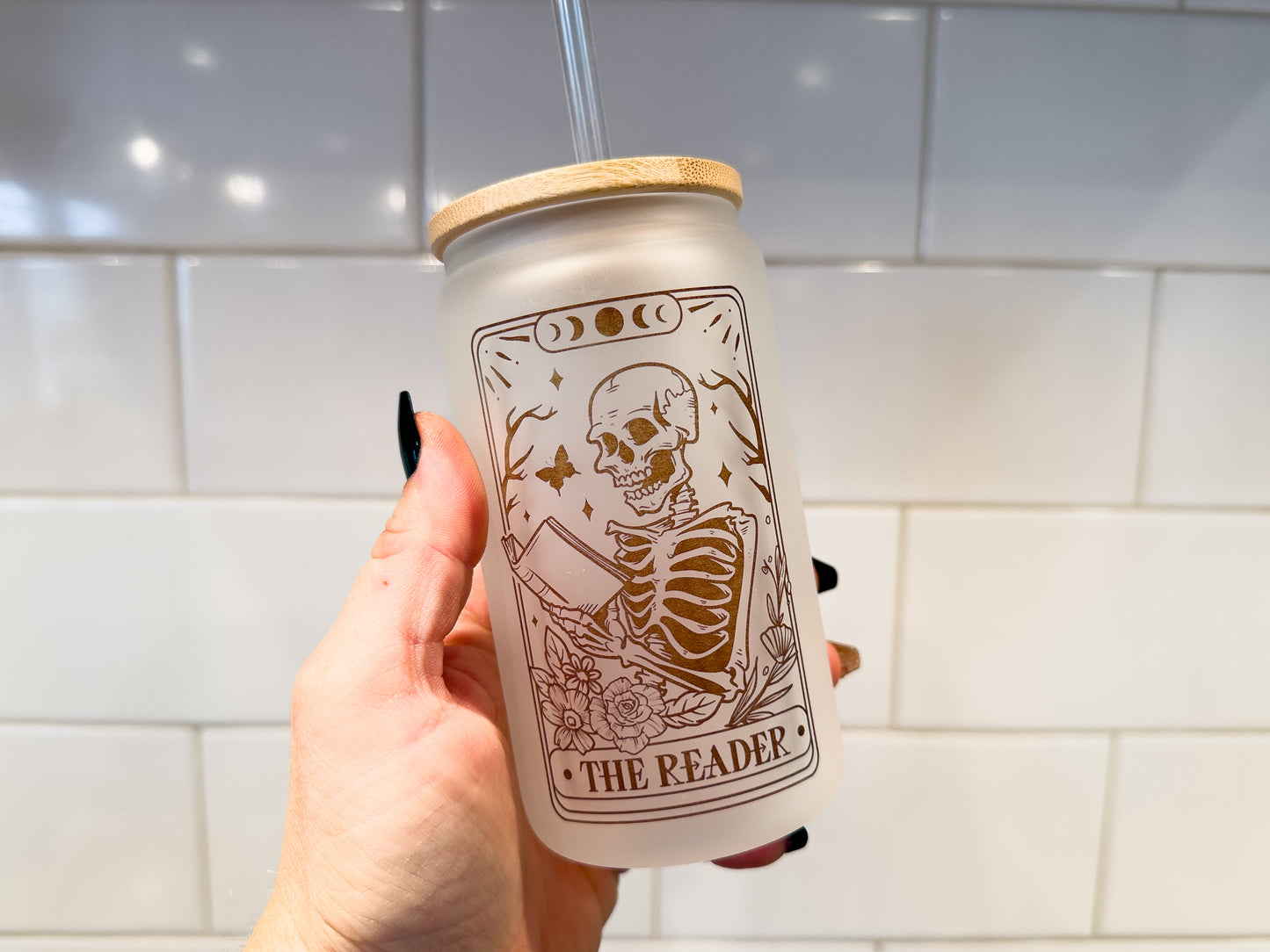 The Reader | Tarot Card Collection | 12 oz Can Glass with Bamboo Lid | Frosted Glass Drinkware