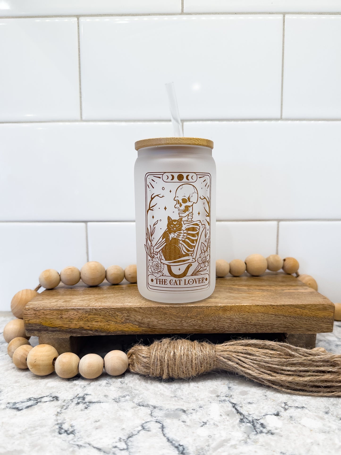 The Cat Lover | Tarot Card Collection | 12 oz Can Glass with Bamboo Lid | Frosted Glass Drinkware