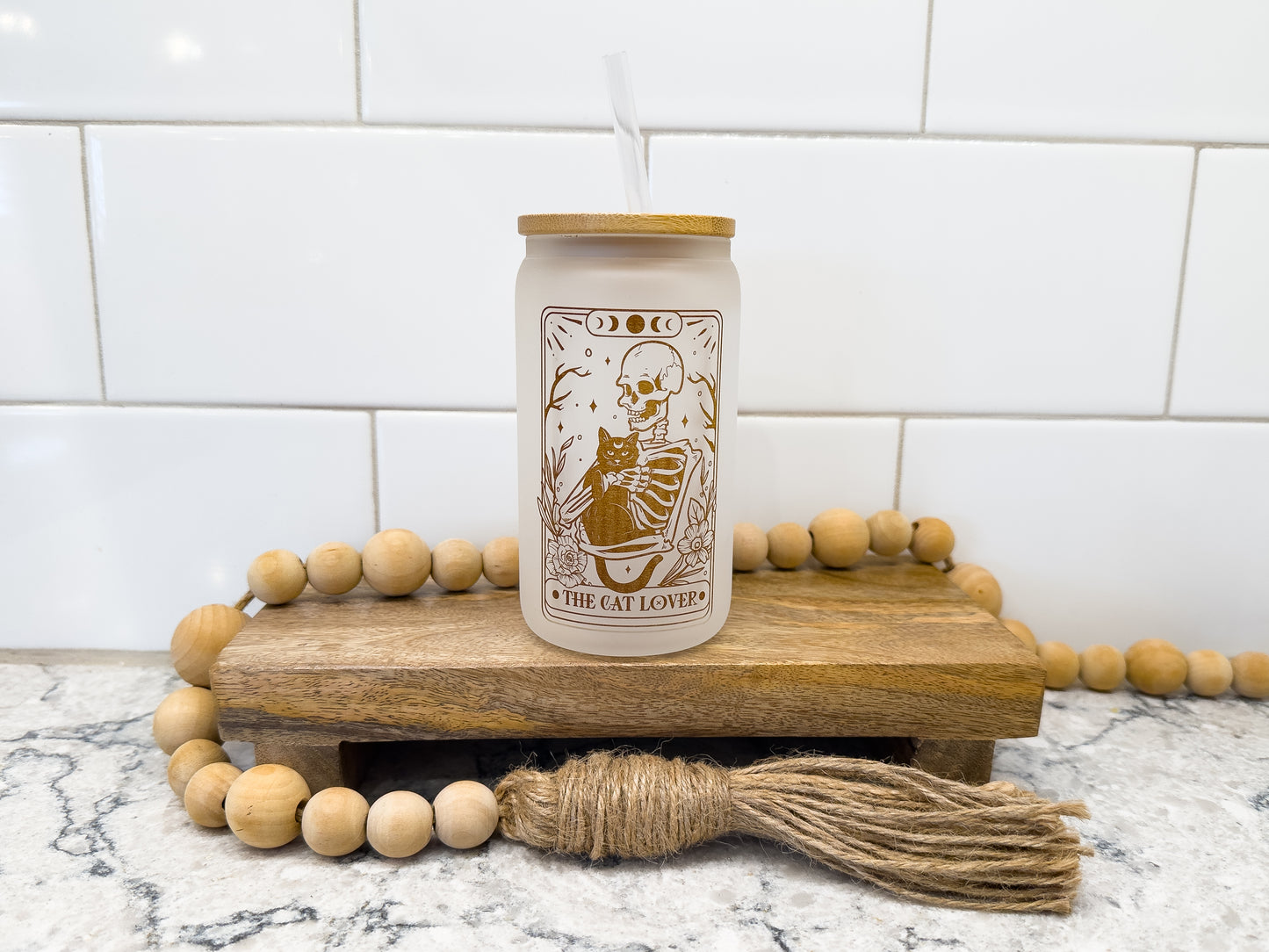 The Cat Lover | Tarot Card Collection | 12 oz Can Glass with Bamboo Lid | Frosted Glass Drinkware