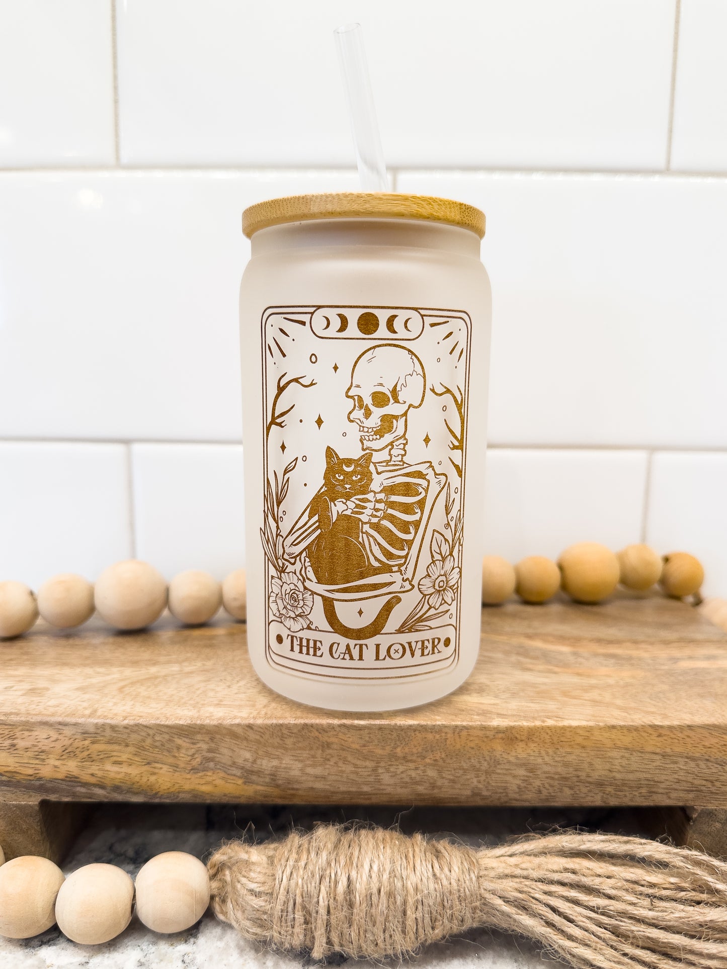 The Cat Lover | Tarot Card Collection | 12 oz Can Glass with Bamboo Lid | Frosted Glass Drinkware