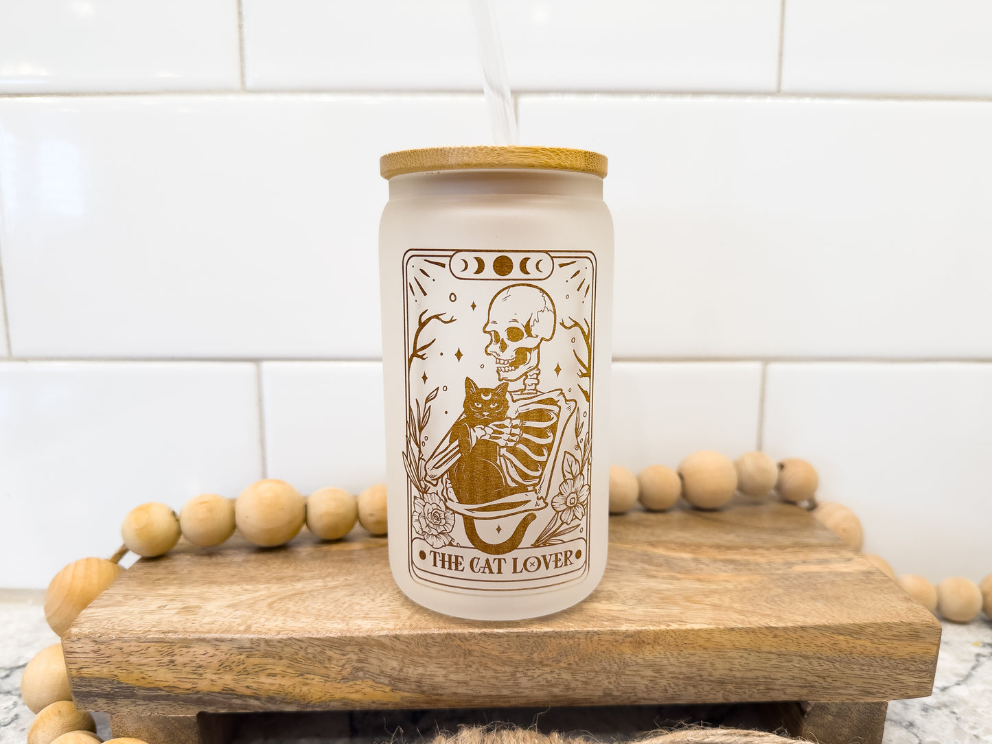 The Cat Lover | Tarot Card Collection | 12 oz Can Glass with Bamboo Lid | Frosted Glass Drinkware
