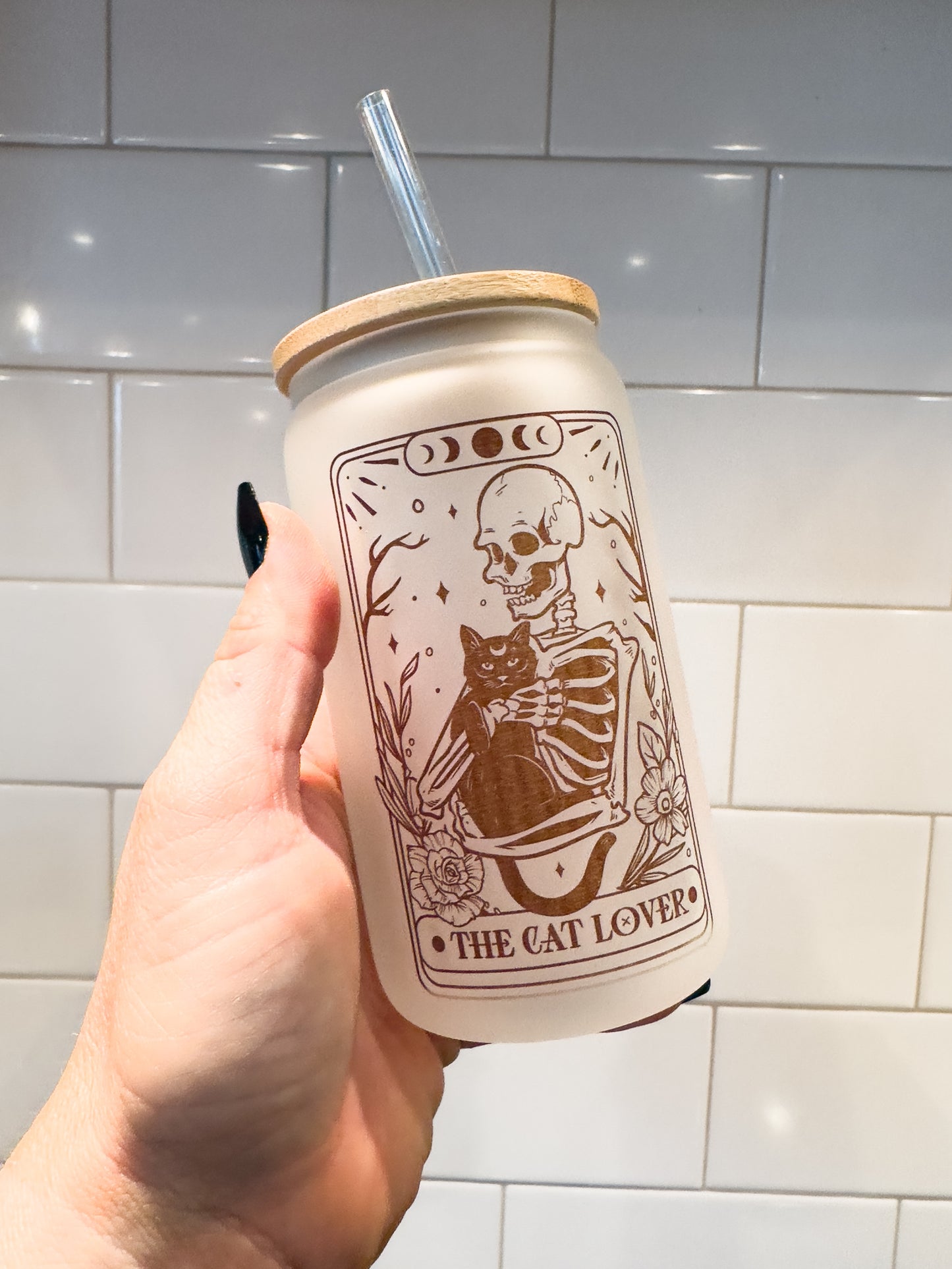 The Cat Lover | Tarot Card Collection | 12 oz Can Glass with Bamboo Lid | Frosted Glass Drinkware