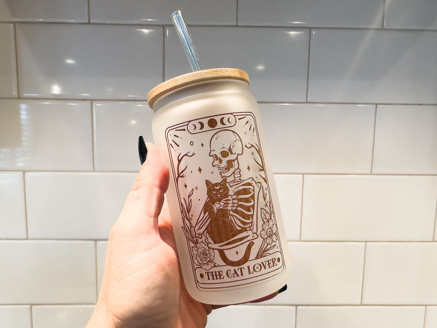 The Cat Lover | Tarot Card Collection | 12 oz Can Glass with Bamboo Lid | Frosted Glass Drinkware