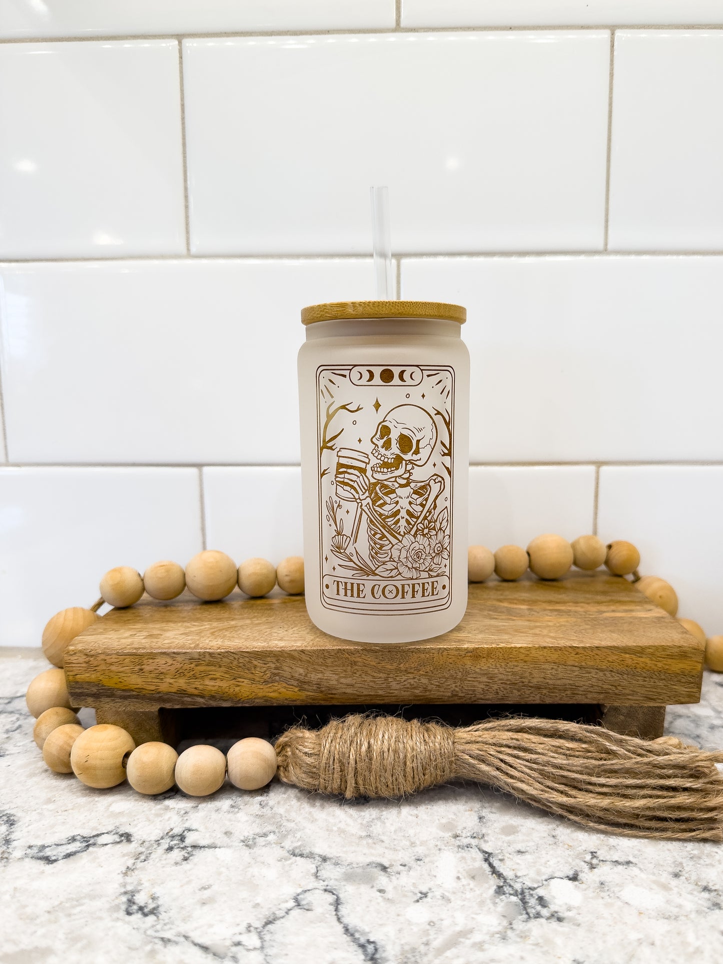 The Coffee | Skeleton | Tarot Card Collection | 12 oz Can Glass with Bamboo Lid | Frosted Glass Drinkware