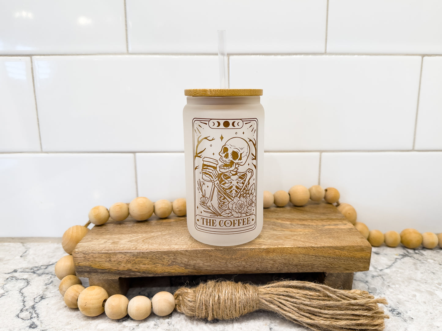 The Coffee | Skeleton | Tarot Card Collection | 12 oz Can Glass with Bamboo Lid | Frosted Glass Drinkware