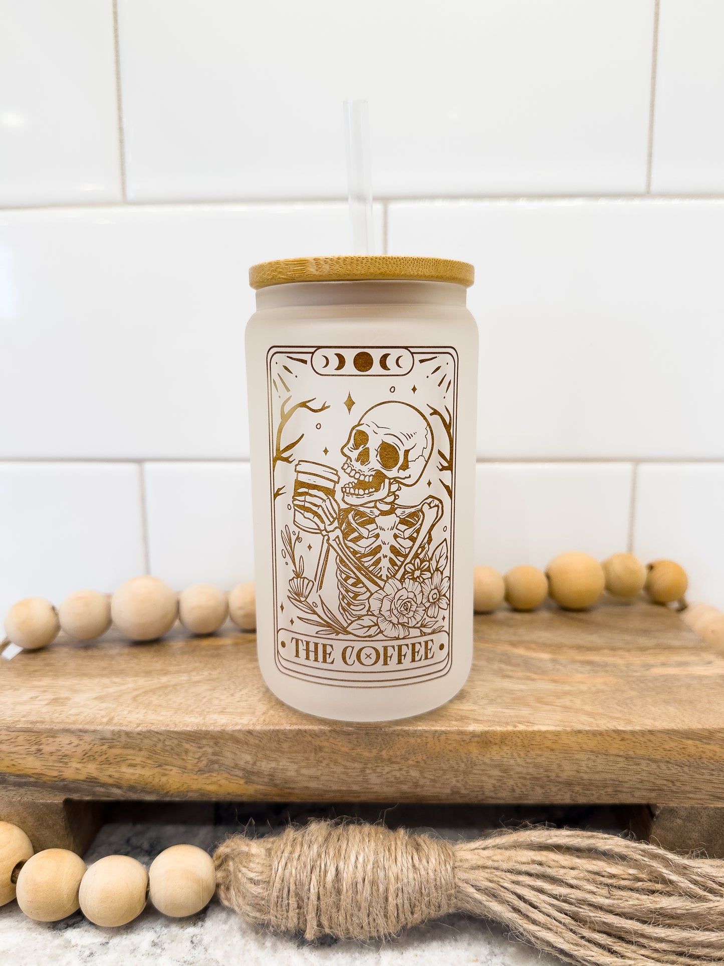 The Coffee | Skeleton | Tarot Card Collection | 12 oz Can Glass with Bamboo Lid | Frosted Glass Drinkware