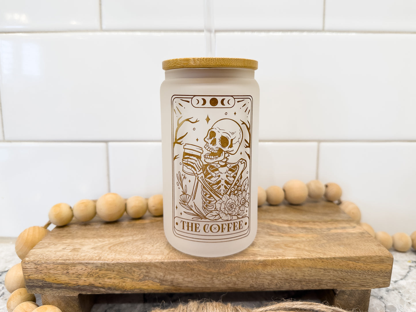 The Coffee | Skeleton | Tarot Card Collection | 12 oz Can Glass with Bamboo Lid | Frosted Glass Drinkware