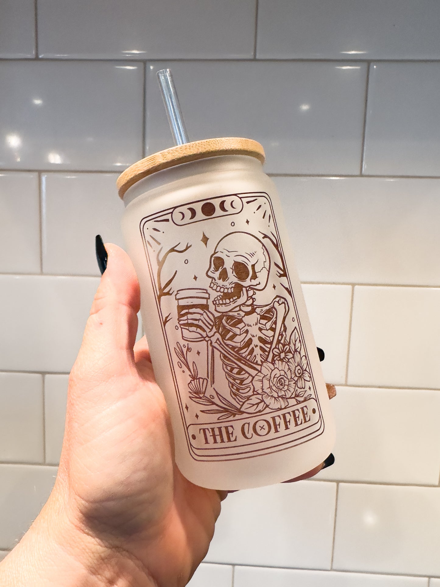 The Coffee | Skeleton | Tarot Card Collection | 12 oz Can Glass with Bamboo Lid | Frosted Glass Drinkware