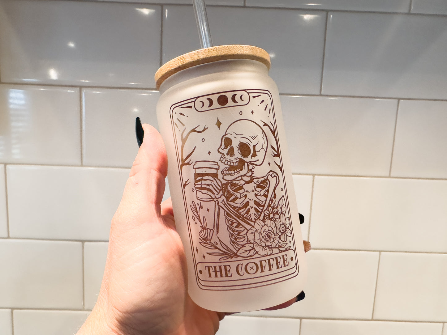 The Coffee | Skeleton | Tarot Card Collection | 12 oz Can Glass with Bamboo Lid | Frosted Glass Drinkware