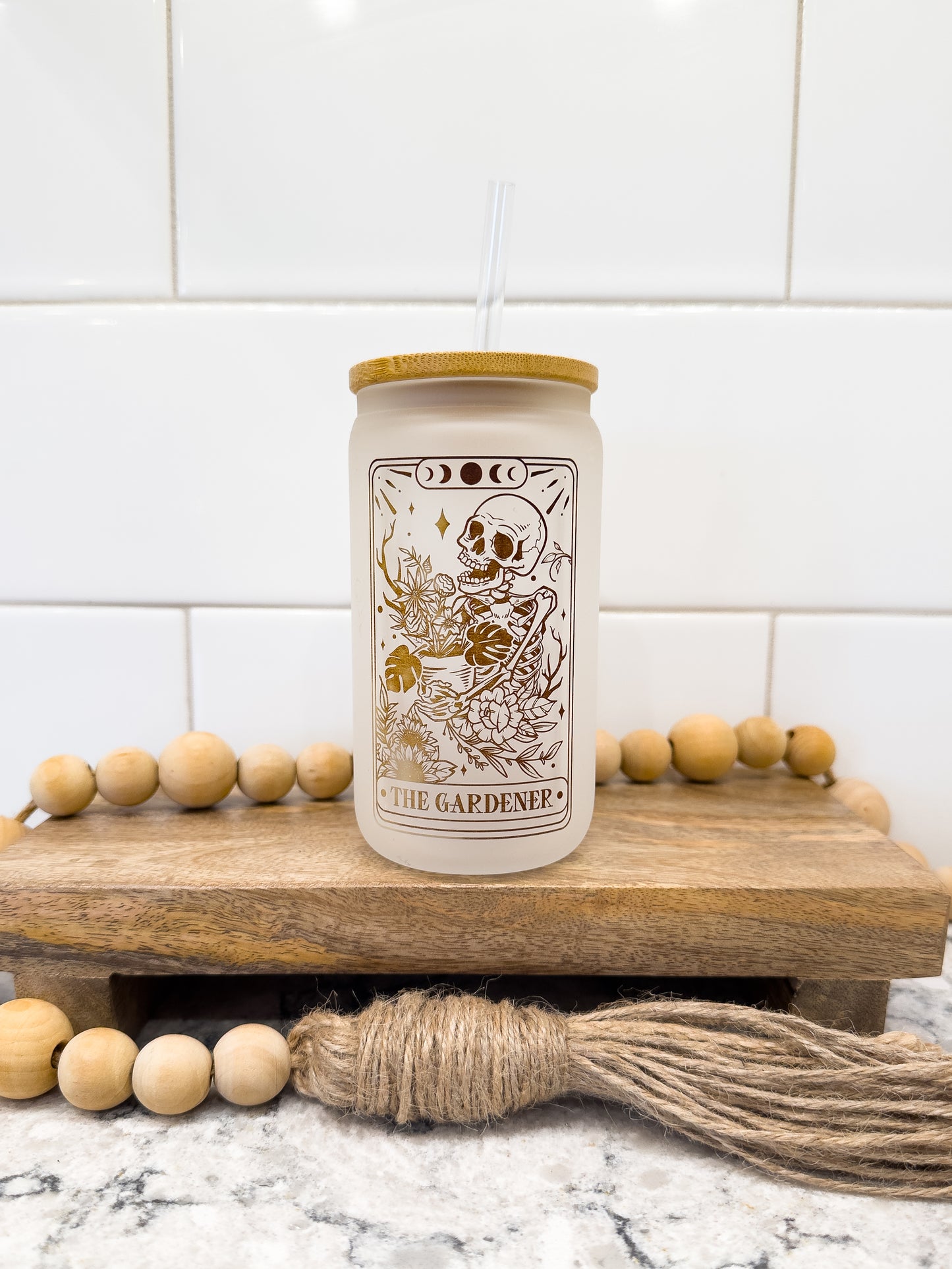 The Gardener | Tarot Card Collection | 12 oz Can Glass with Bamboo Lid | Frosted Glass Drinkware