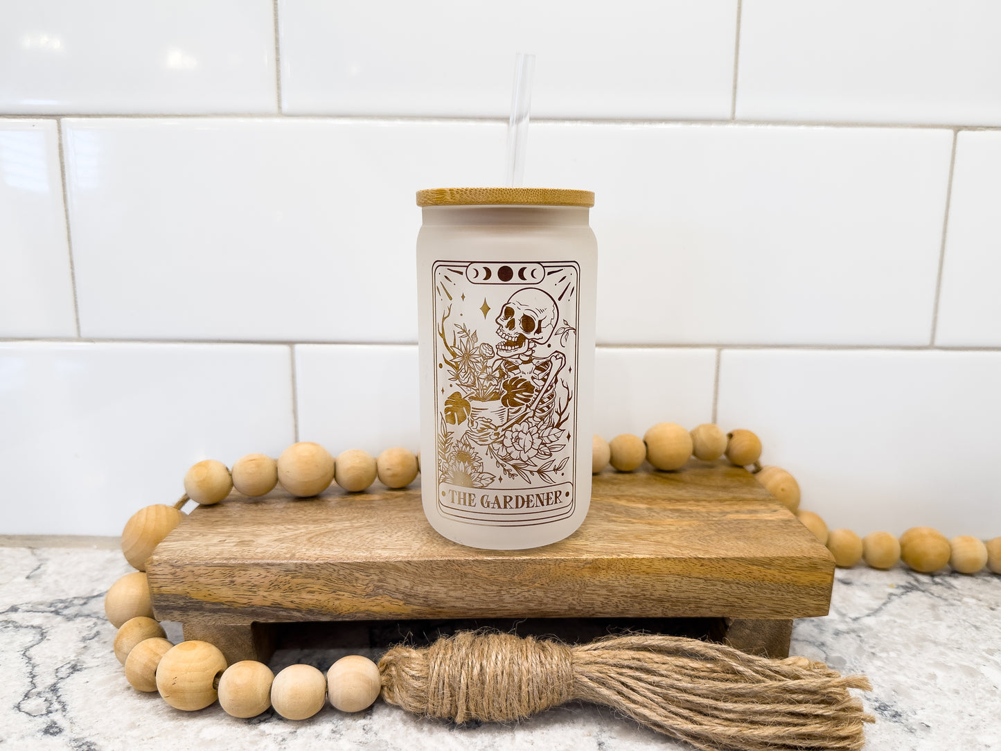 The Gardener | Tarot Card Collection | 12 oz Can Glass with Bamboo Lid | Frosted Glass Drinkware