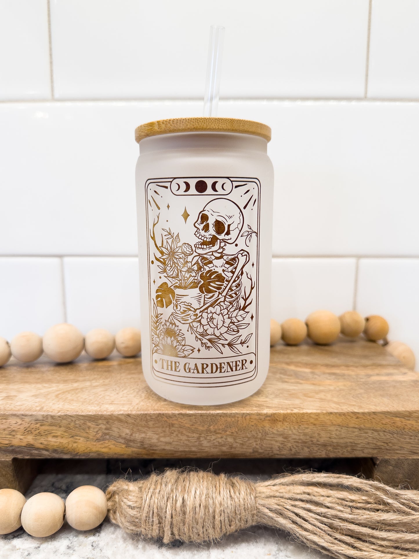 The Gardener | Tarot Card Collection | 12 oz Can Glass with Bamboo Lid | Frosted Glass Drinkware