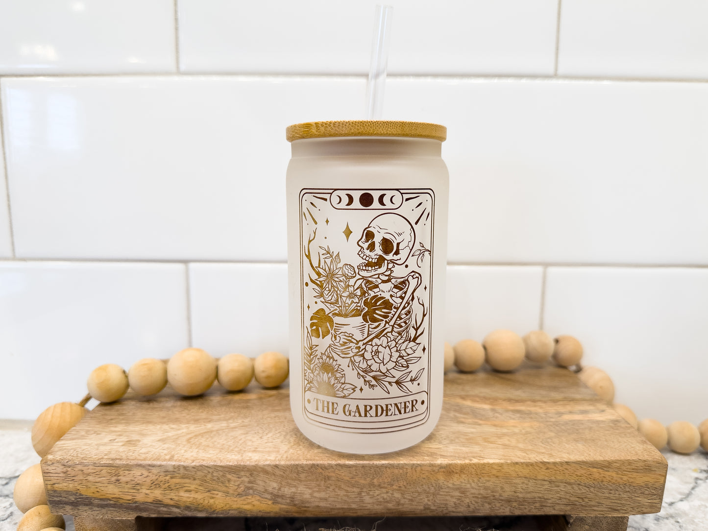 The Gardener | Tarot Card Collection | 12 oz Can Glass with Bamboo Lid | Frosted Glass Drinkware