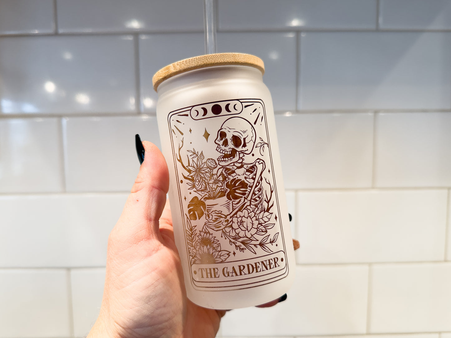 The Gardener | Tarot Card Collection | 12 oz Can Glass with Bamboo Lid | Frosted Glass Drinkware