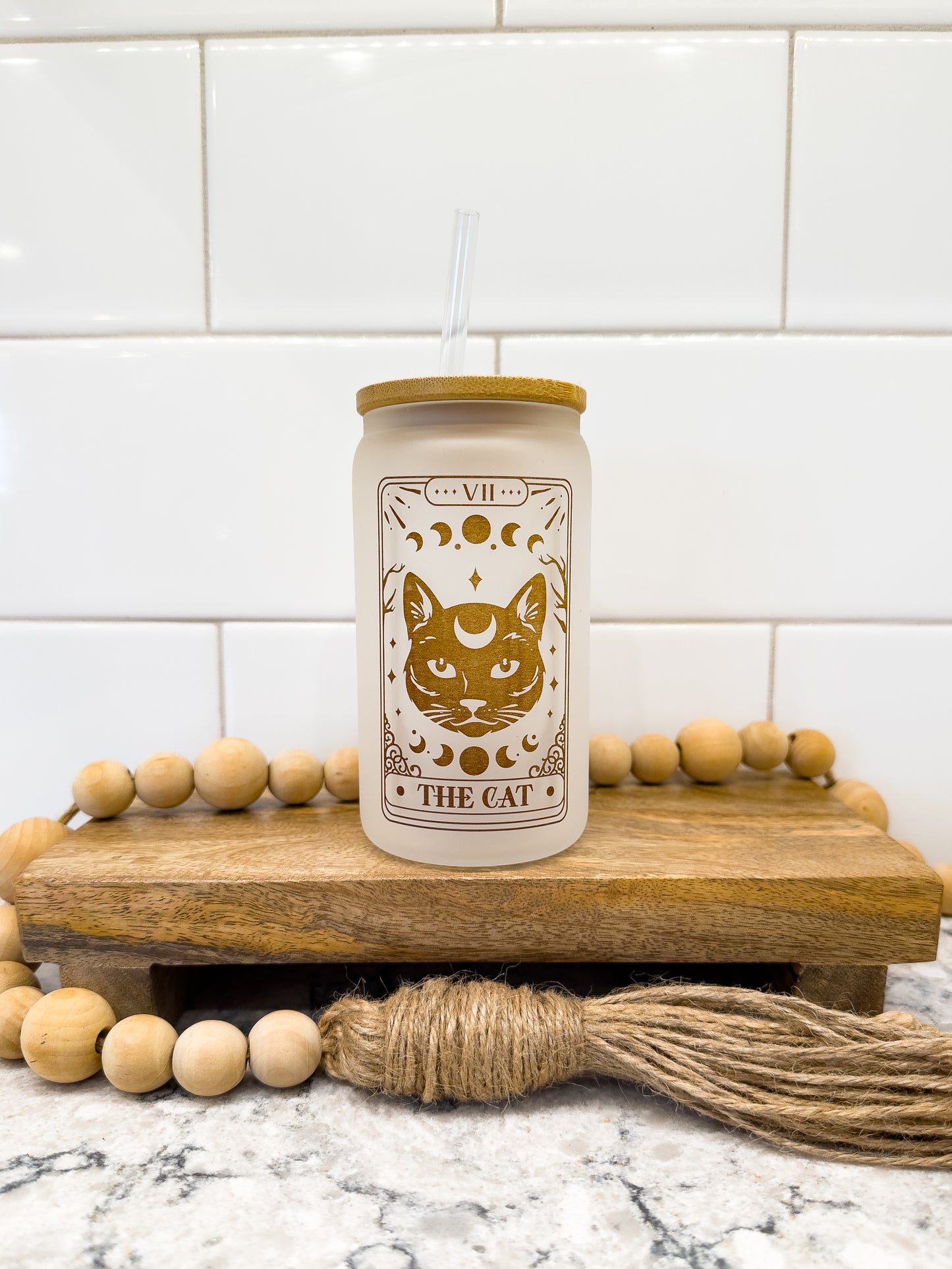 The Cat | Tarot Card Collection | 12 oz Can Glass with Bamboo Lid | Frosted Glass Drinkware