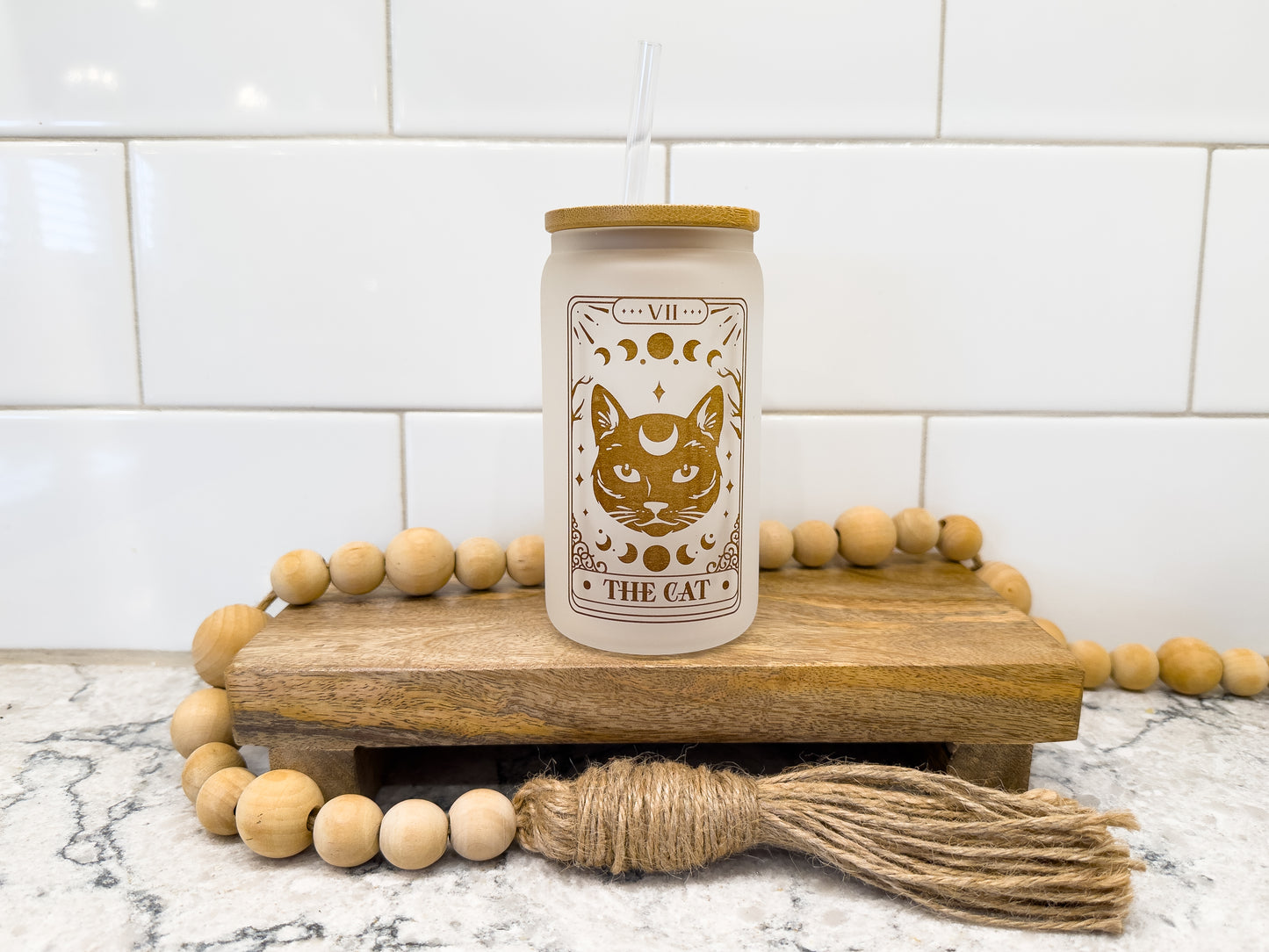 The Cat | Tarot Card Collection | 12 oz Can Glass with Bamboo Lid | Frosted Glass Drinkware