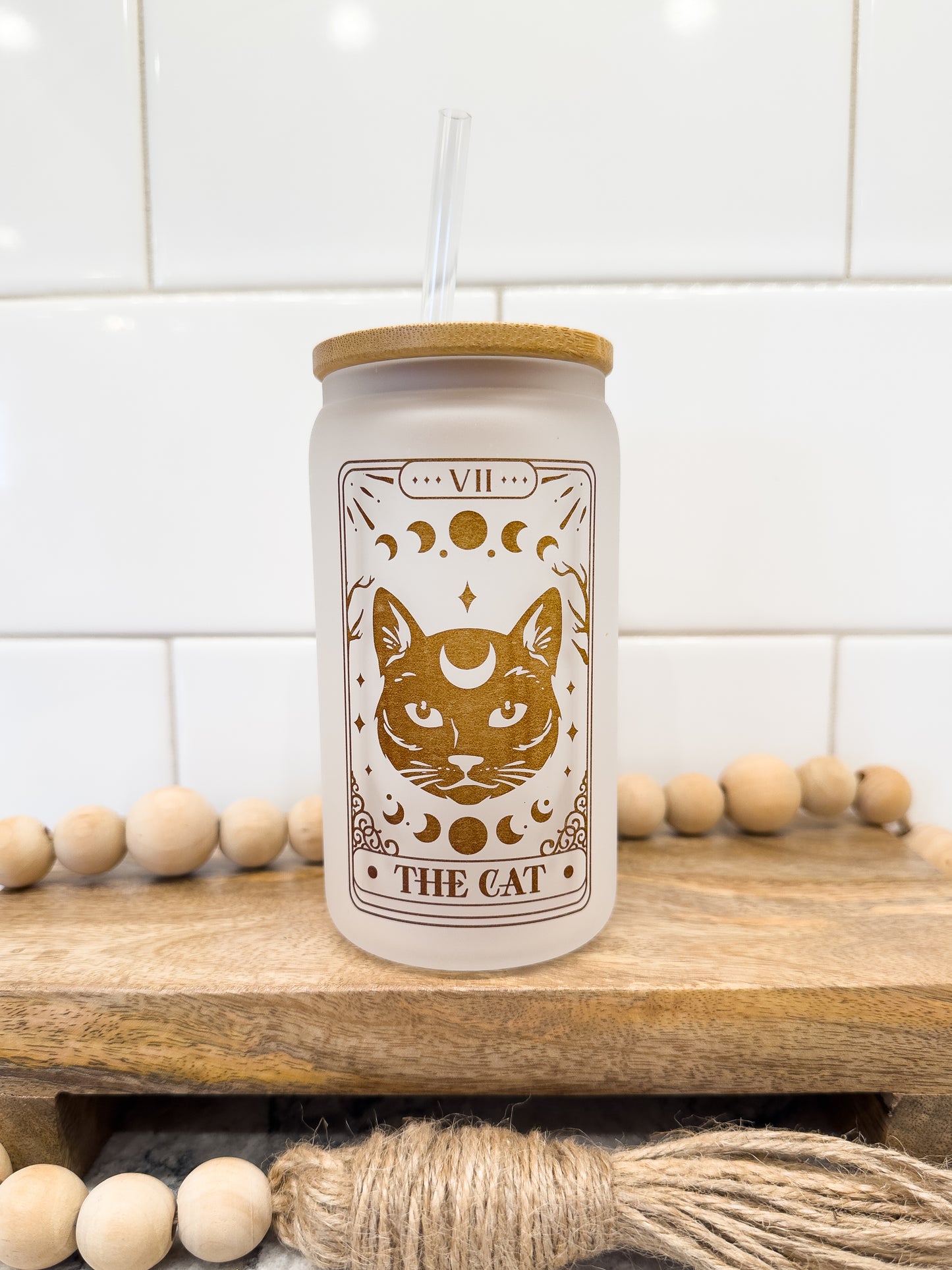 The Cat | Tarot Card Collection | 12 oz Can Glass with Bamboo Lid | Frosted Glass Drinkware