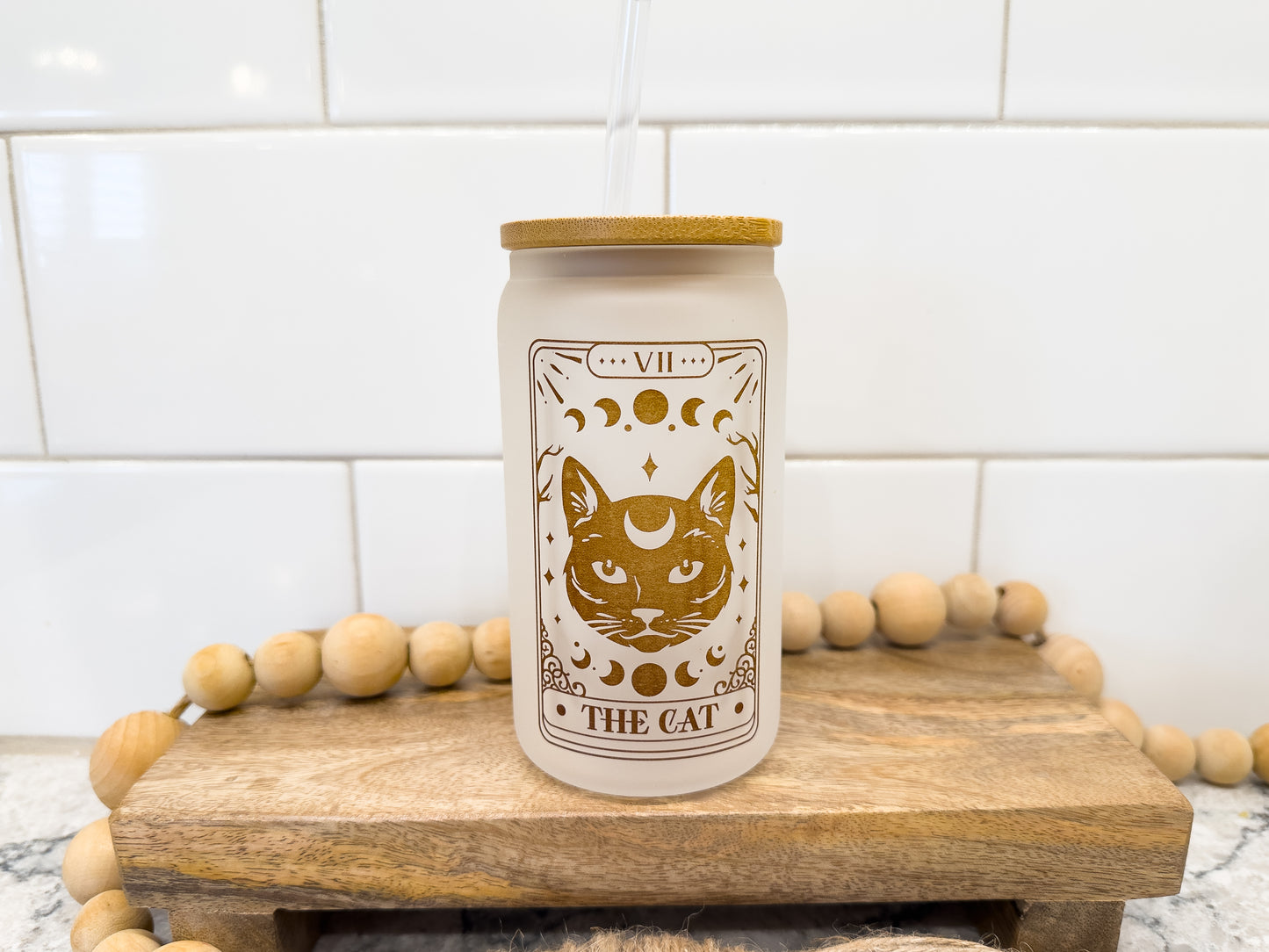 The Cat | Tarot Card Collection | 12 oz Can Glass with Bamboo Lid | Frosted Glass Drinkware