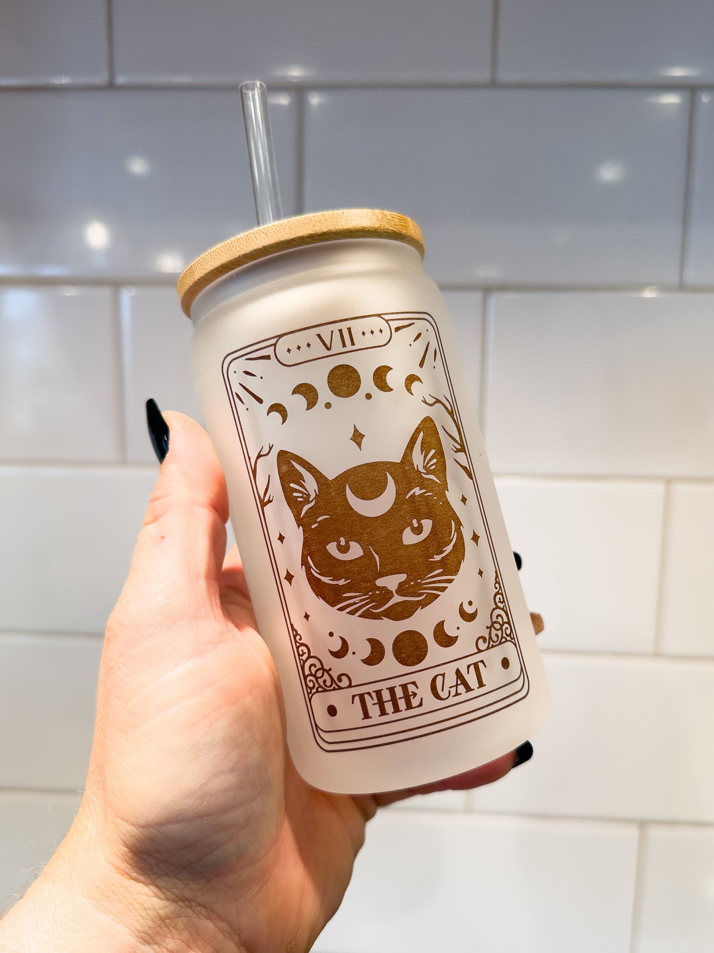 The Cat | Tarot Card Collection | 12 oz Can Glass with Bamboo Lid | Frosted Glass Drinkware