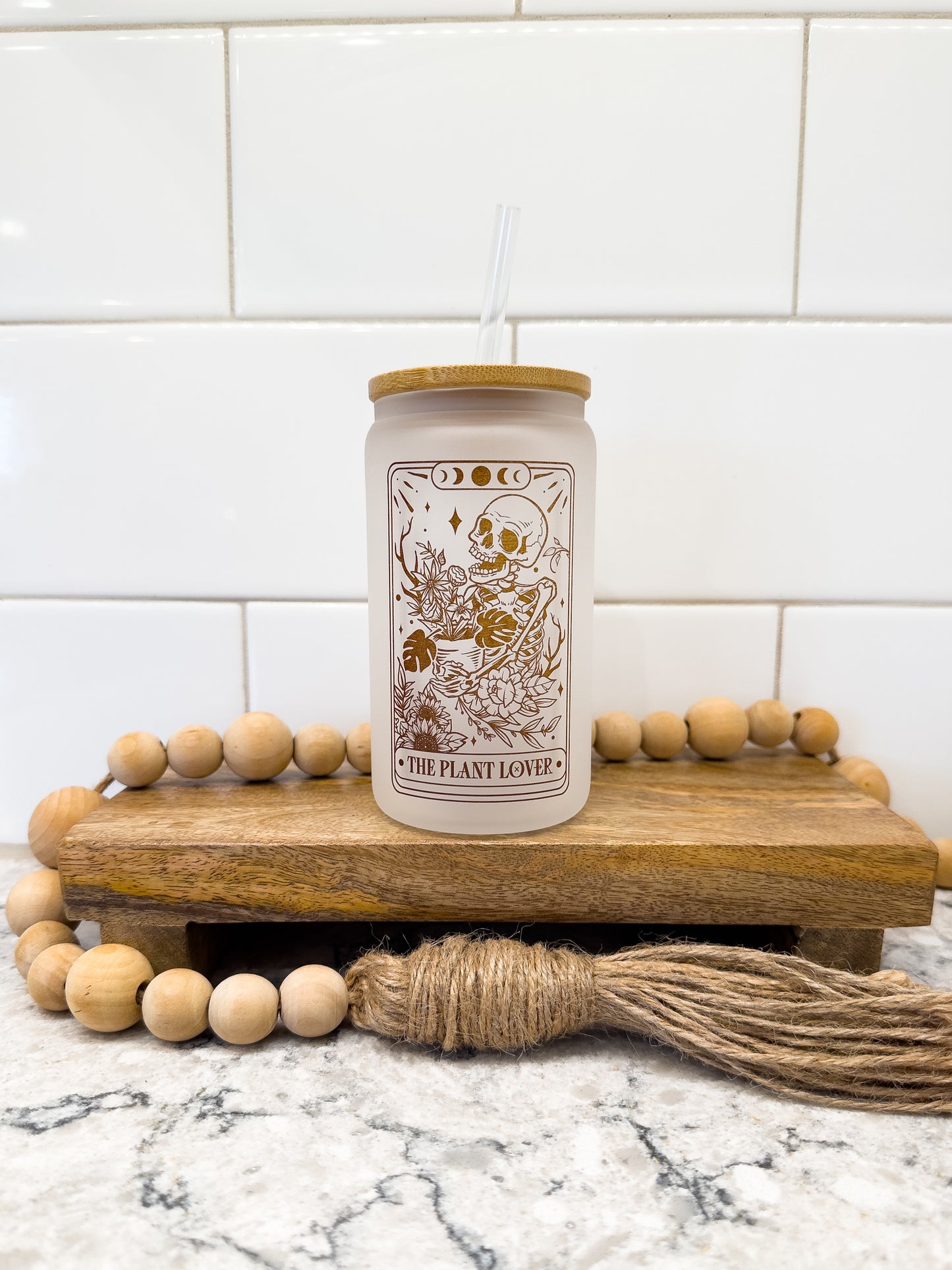 The Plant Lover | Tarot Card Collection | 12 oz Can Glass with Bamboo Lid | Frosted Glass Drinkware