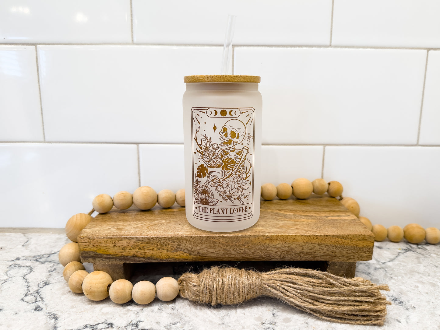 The Plant Lover | Tarot Card Collection | 12 oz Can Glass with Bamboo Lid | Frosted Glass Drinkware