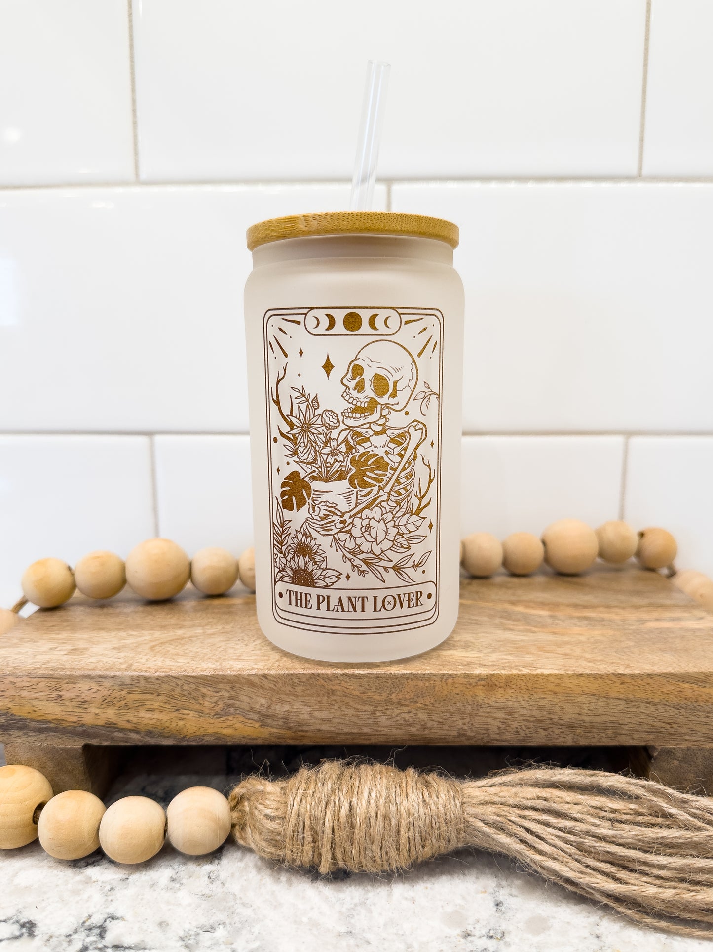The Plant Lover | Tarot Card Collection | 12 oz Can Glass with Bamboo Lid | Frosted Glass Drinkware