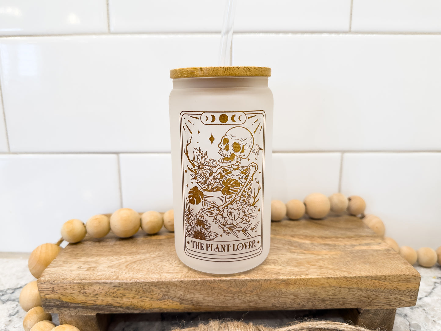 The Plant Lover | Tarot Card Collection | 12 oz Can Glass with Bamboo Lid | Frosted Glass Drinkware