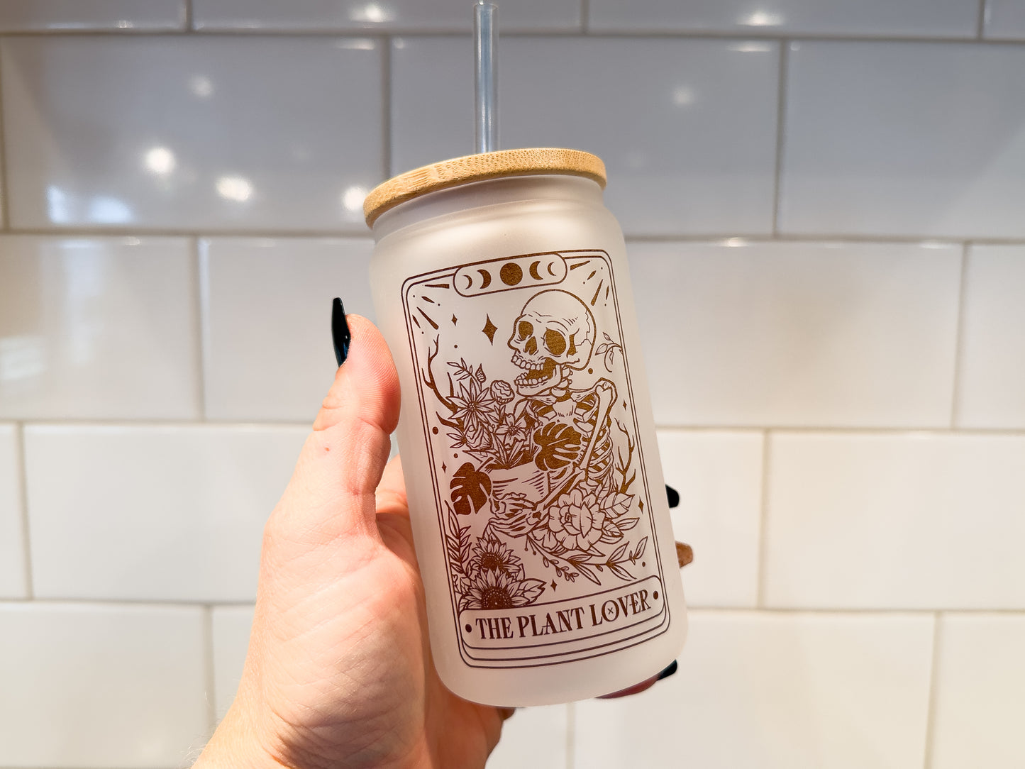 The Plant Lover | Tarot Card Collection | 12 oz Can Glass with Bamboo Lid | Frosted Glass Drinkware