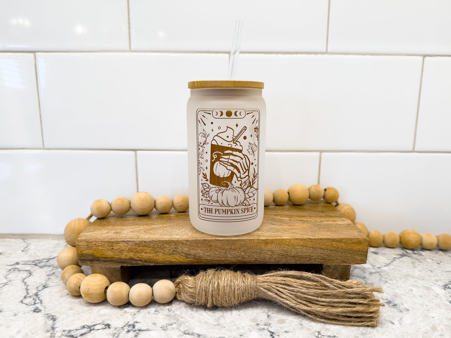 The Pumpkin Spice | Tarot Card Collection | 12 oz Can Glass with Bamboo Lid | Frosted Glass Drinkware
