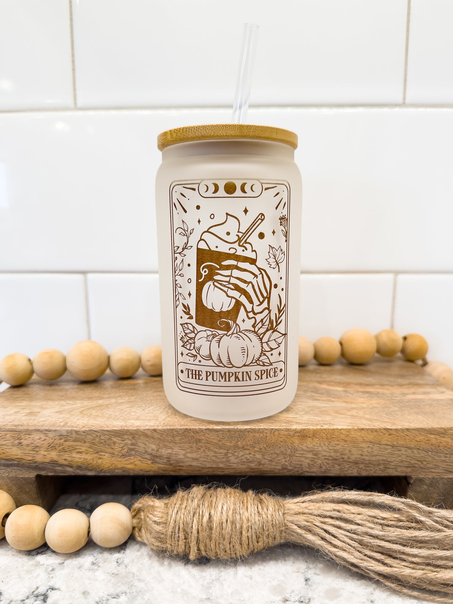 The Pumpkin Spice | Tarot Card Collection | 12 oz Can Glass with Bamboo Lid | Frosted Glass Drinkware