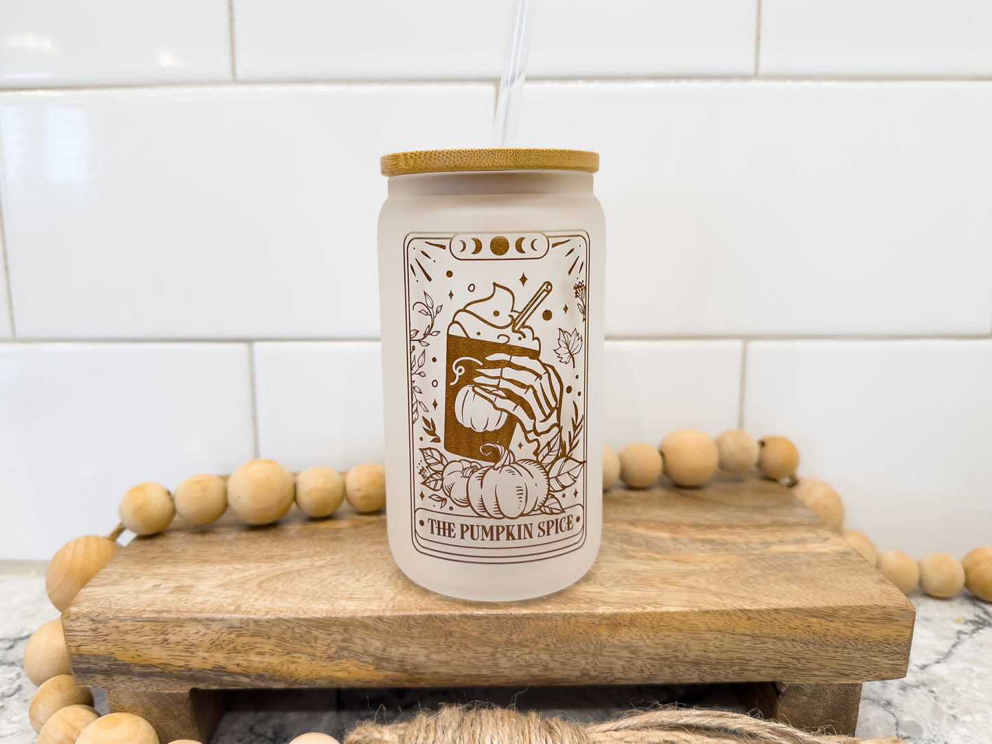 The Pumpkin Spice | Tarot Card Collection | 12 oz Can Glass with Bamboo Lid | Frosted Glass Drinkware