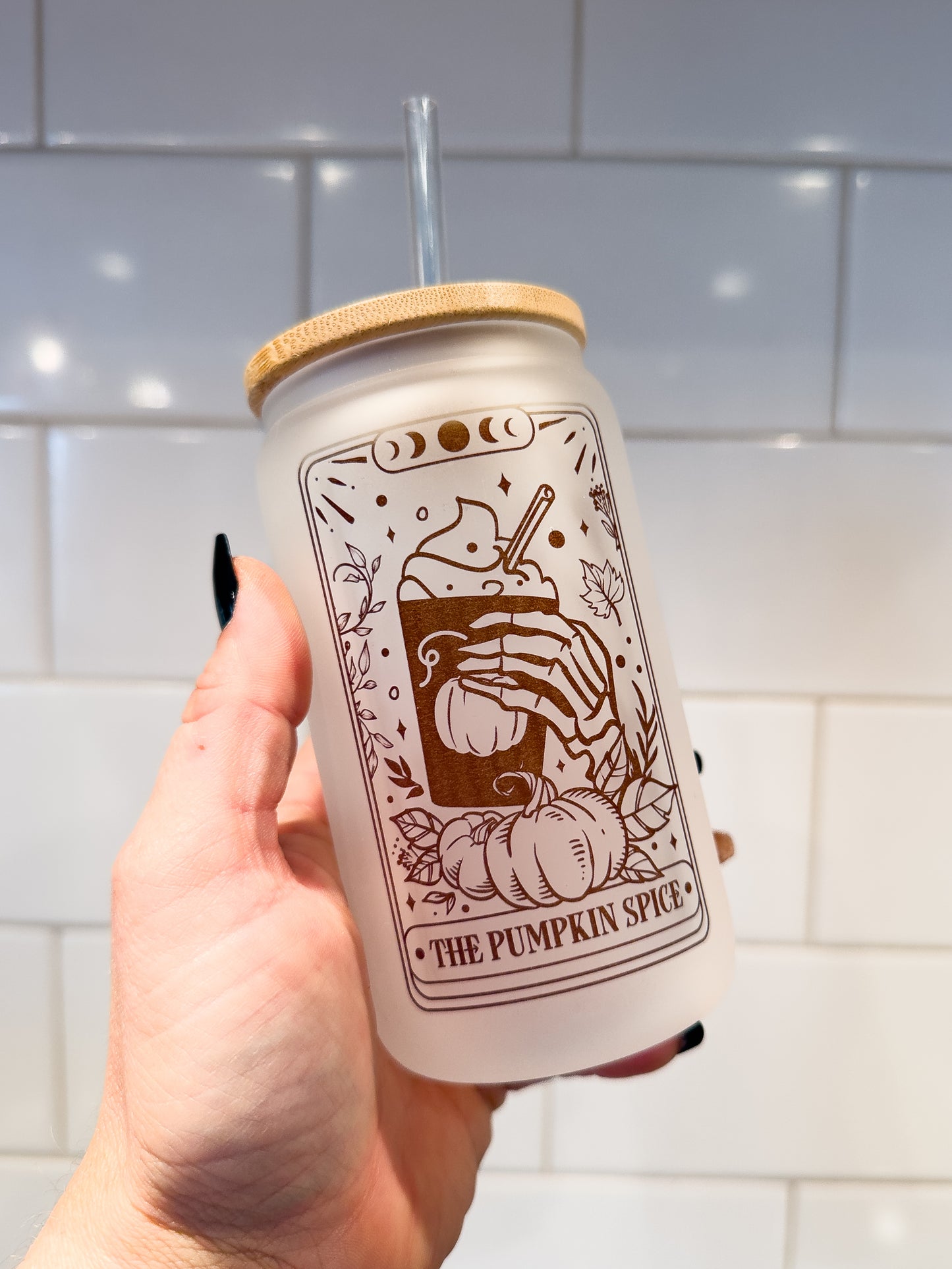 The Pumpkin Spice | Tarot Card Collection | 12 oz Can Glass with Bamboo Lid | Frosted Glass Drinkware