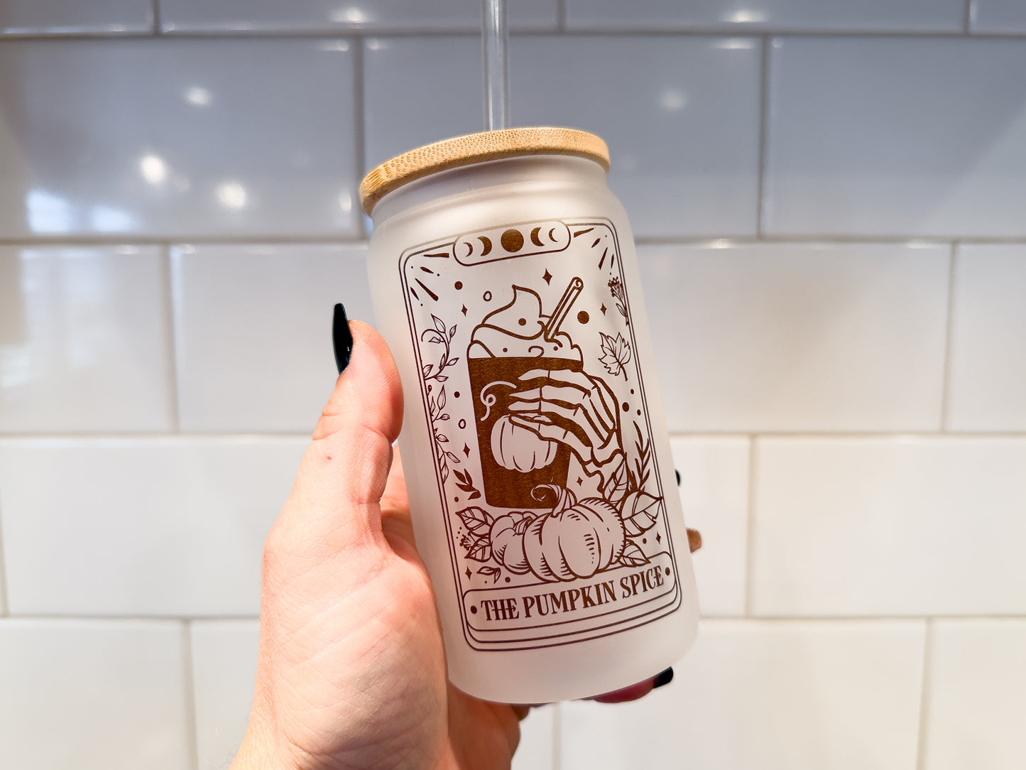 The Pumpkin Spice | Tarot Card Collection | 12 oz Can Glass with Bamboo Lid | Frosted Glass Drinkware