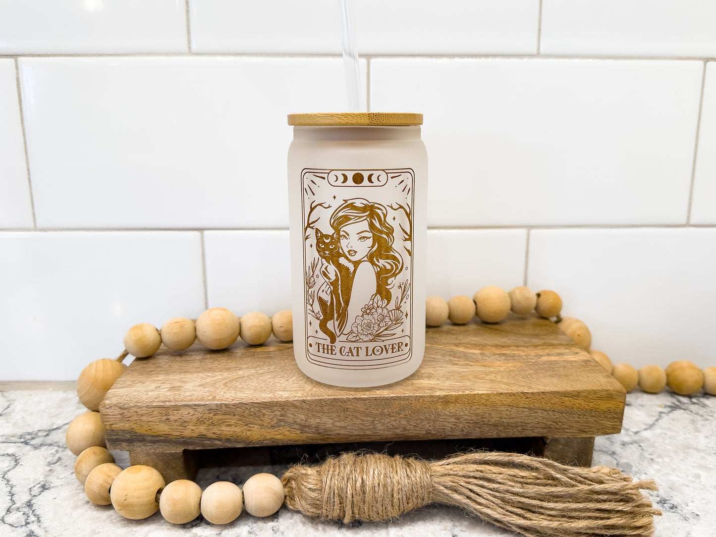 The Cat Lover | Tarot Card Collection | 12 oz Can Glass with Bamboo Lid | Frosted Glass Drinkware