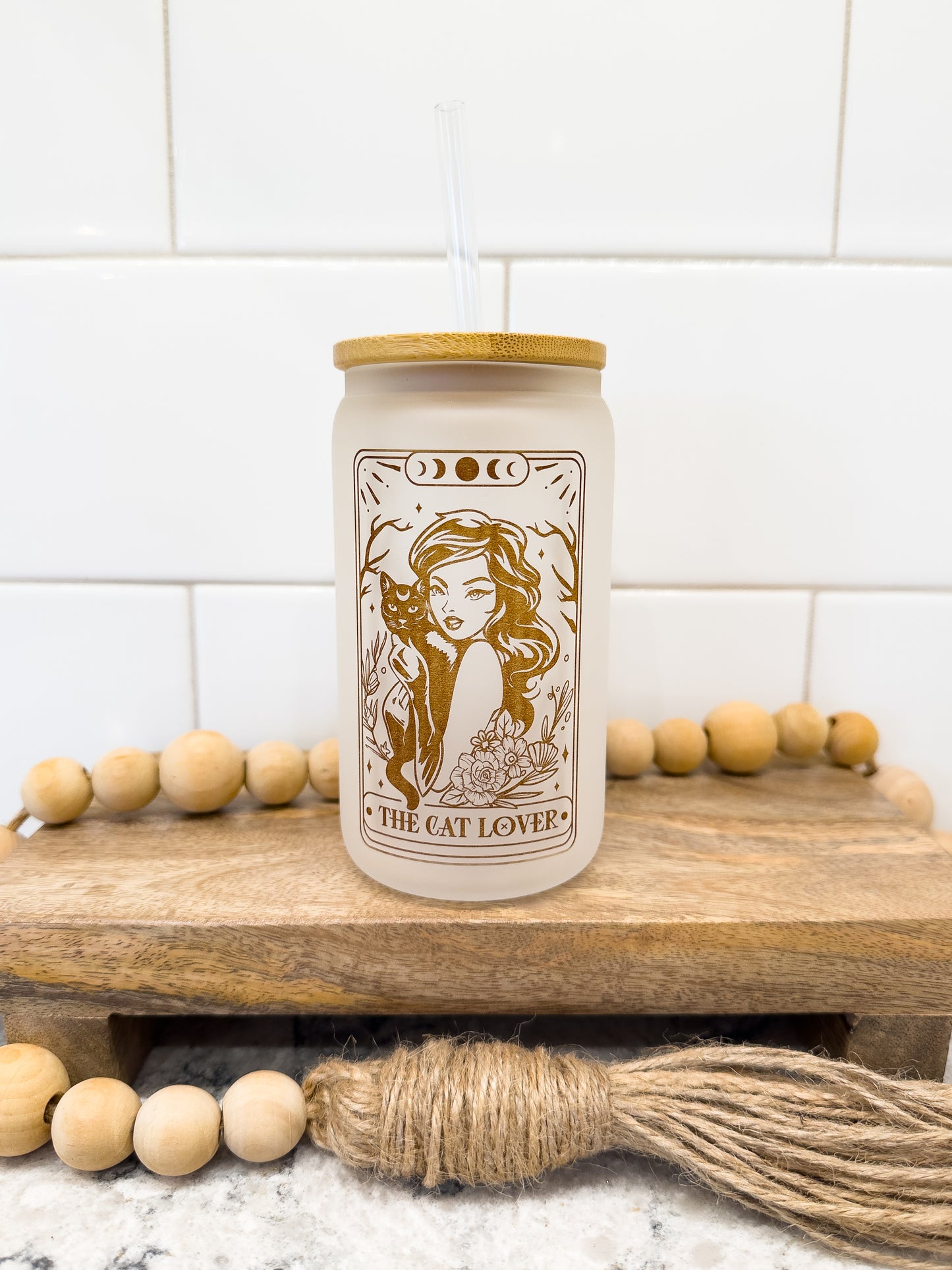 The Cat Lover | Tarot Card Collection | 12 oz Can Glass with Bamboo Lid | Frosted Glass Drinkware