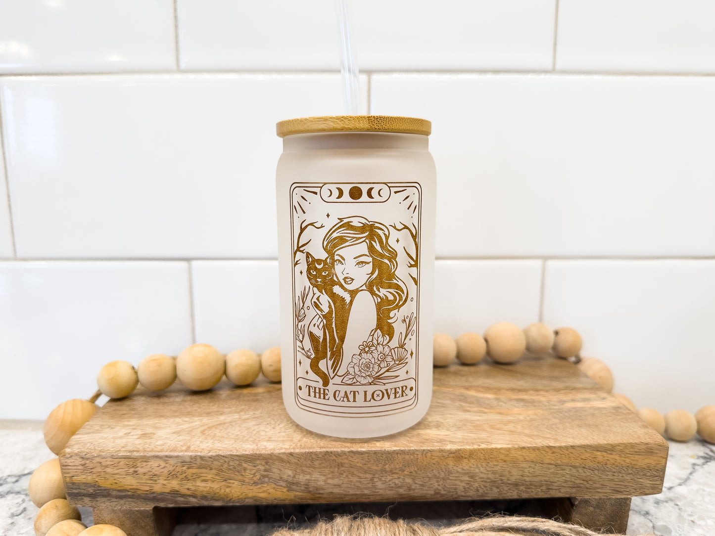 The Cat Lover | Tarot Card Collection | 12 oz Can Glass with Bamboo Lid | Frosted Glass Drinkware