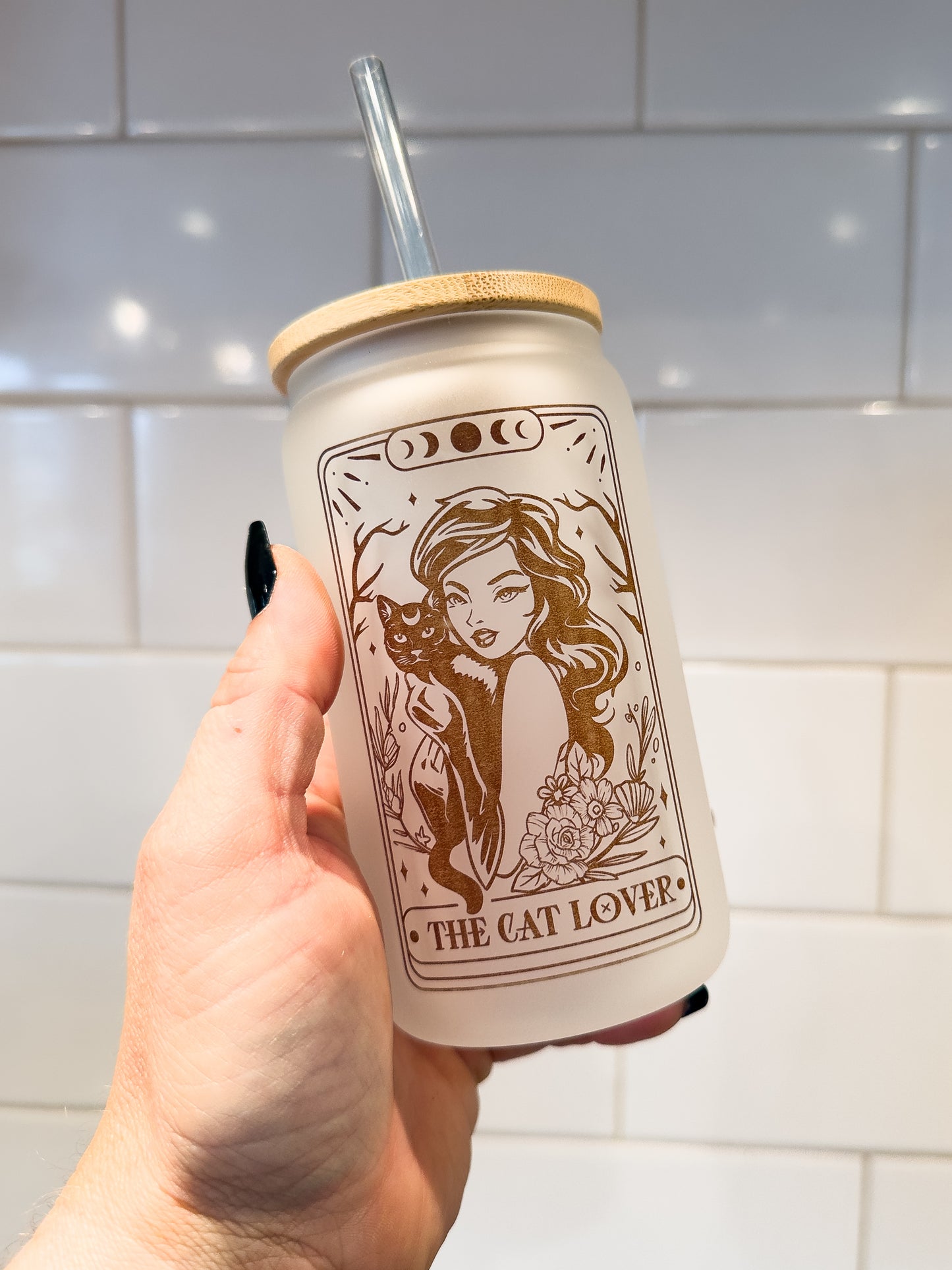 The Cat Lover | Tarot Card Collection | 12 oz Can Glass with Bamboo Lid | Frosted Glass Drinkware