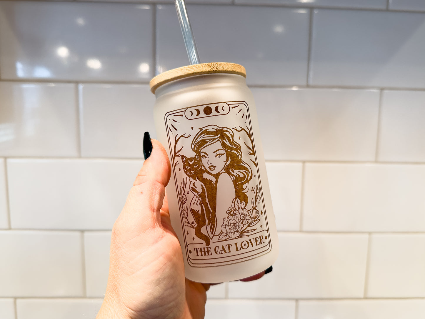 The Cat Lover | Tarot Card Collection | 12 oz Can Glass with Bamboo Lid | Frosted Glass Drinkware