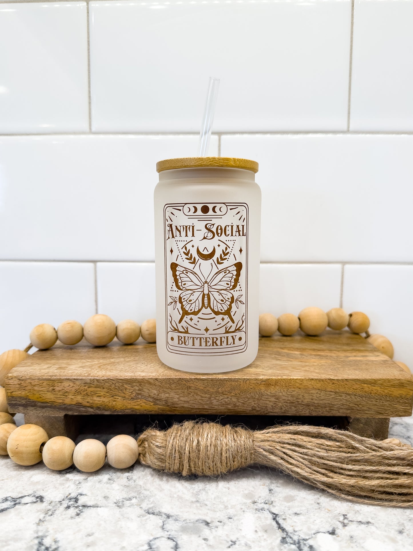 The Anti-Social Butterfly | Tarot Card Collection | 12 oz Can Glass with Bamboo Lid | Frosted Glass Drinkware