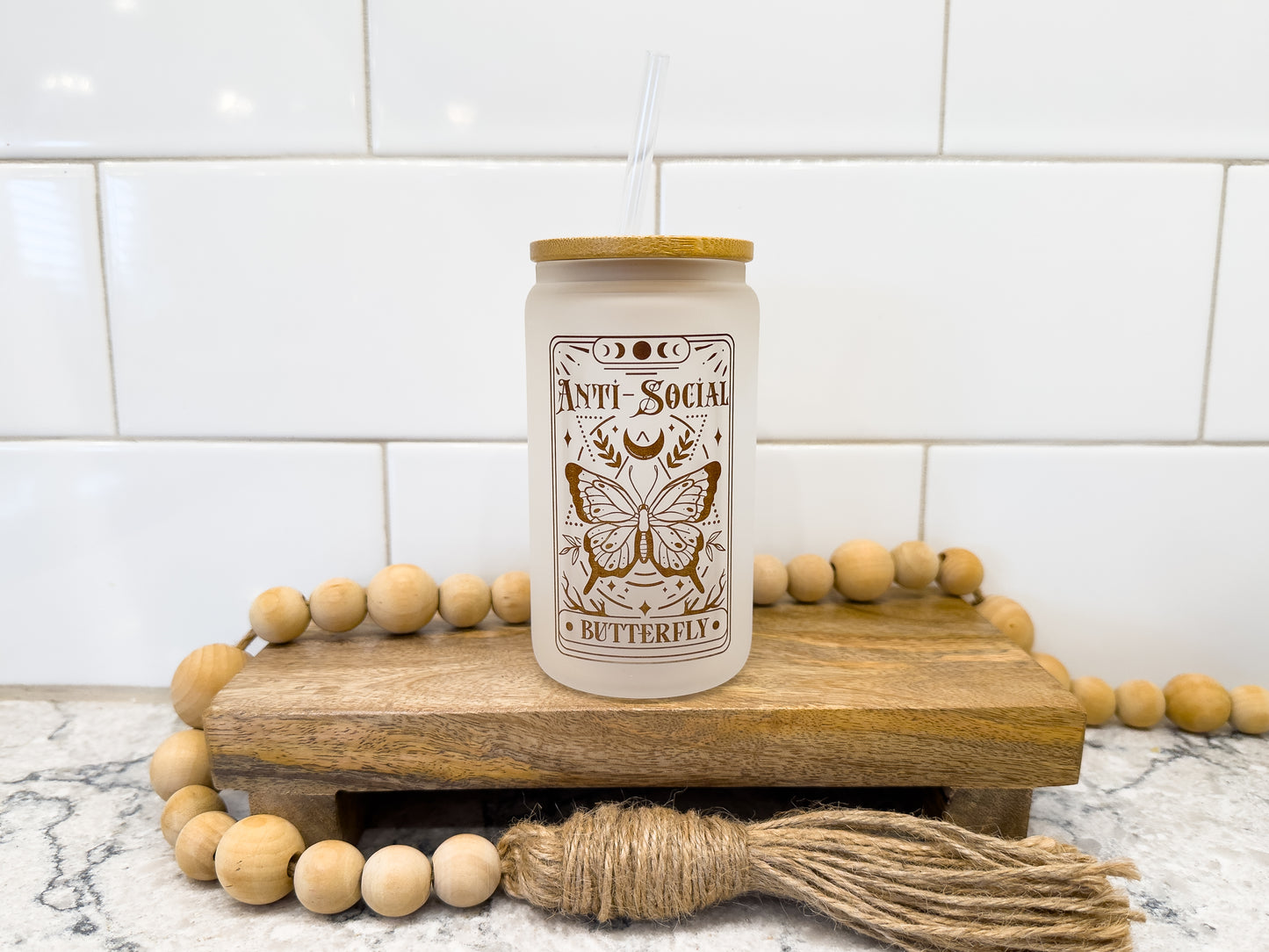 The Anti-Social Butterfly | Tarot Card Collection | 12 oz Can Glass with Bamboo Lid | Frosted Glass Drinkware