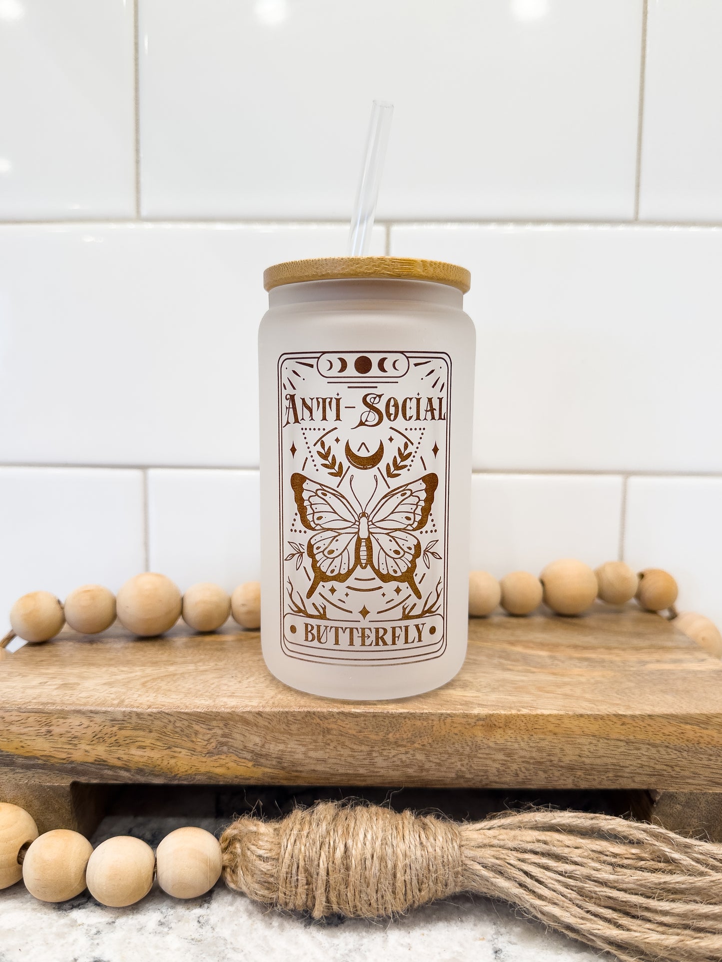 The Anti-Social Butterfly | Tarot Card Collection | 12 oz Can Glass with Bamboo Lid | Frosted Glass Drinkware