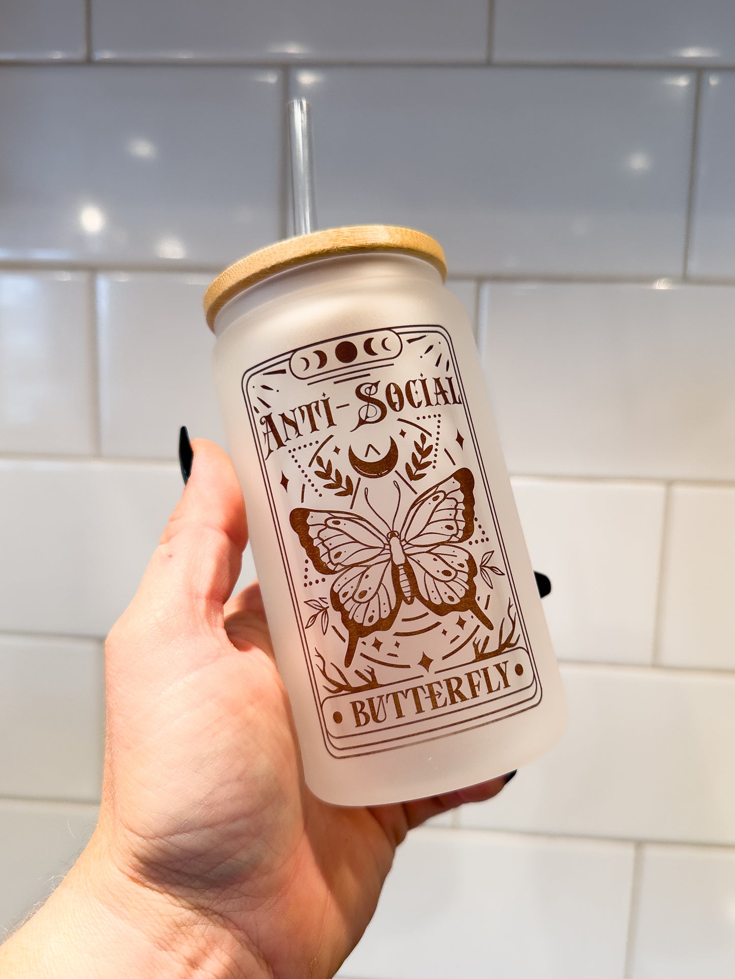 The Anti-Social Butterfly | Tarot Card Collection | 12 oz Can Glass with Bamboo Lid | Frosted Glass Drinkware
