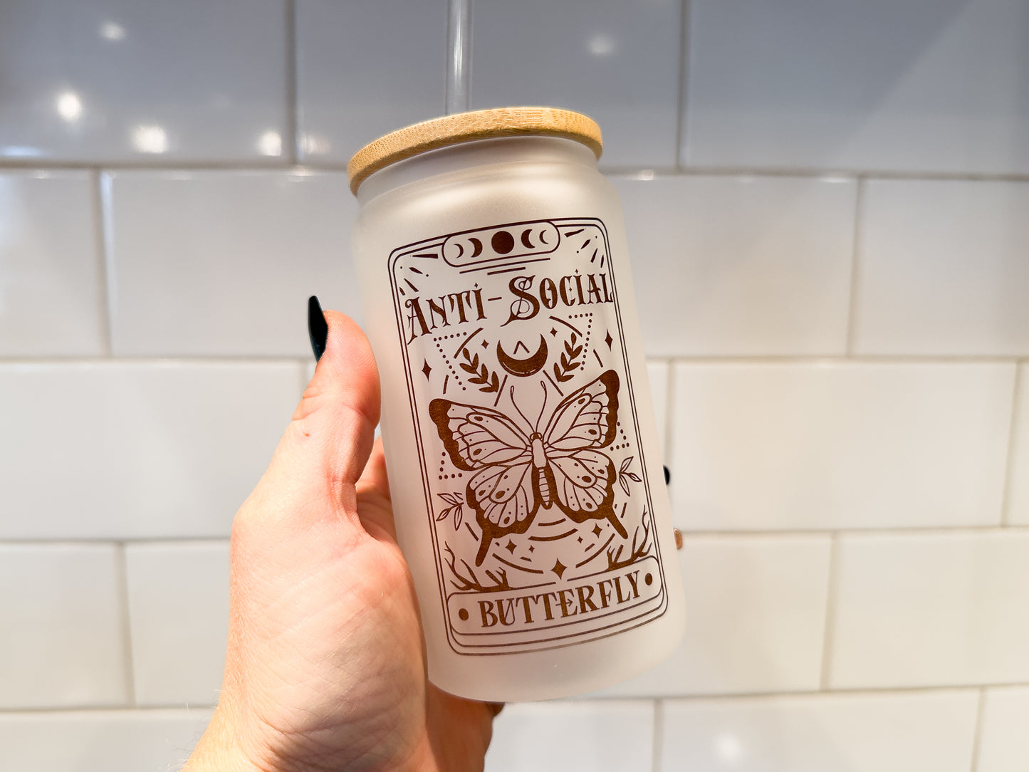 The Anti-Social Butterfly | Tarot Card Collection | 12 oz Can Glass with Bamboo Lid | Frosted Glass Drinkware