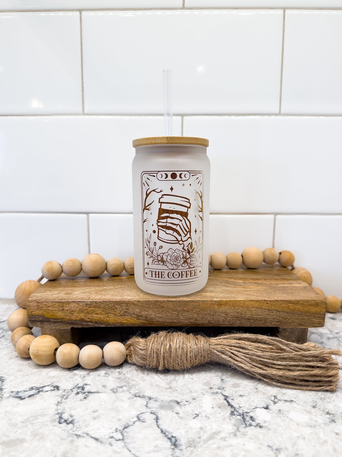 The Coffee | Tarot Card Collection | 12 oz Can Glass with Bamboo Lid | Frosted Glass Drinkware